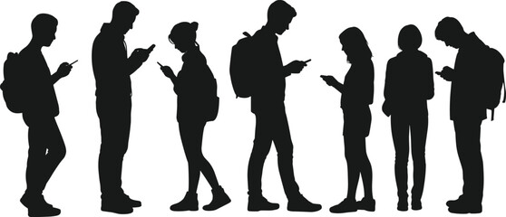 Smartphone user silhouettes illustration with standing figures, backpacks, digital dependence, modern lifestyle, social behavior concept, black and white artwork design