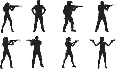 Black silhouettes of men and women in tactical shooting stances, holding rifles and handguns, for military, security, and action themes. © Creative_Solution