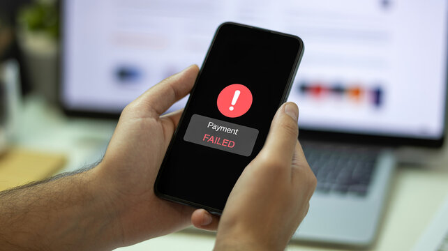 Close-up of hands holding smartphone with payment failed notification on screen