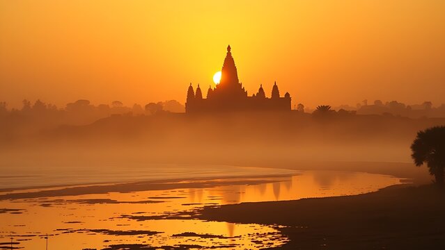 Ziggurat temple silhouette at sunset by a riverbank in misty atmosphere. inspiring travel planning, event programs, designed for cultural heritage projects and event programs.