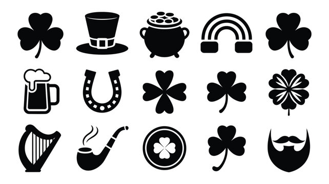 St patrick's day festive silhouette bundle with shamrocks pot of gold rainbow and beer celebrating irish culture and luck