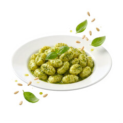 Delicious gnocchi with green pesto sauce and basil leaves isolated on transparent background