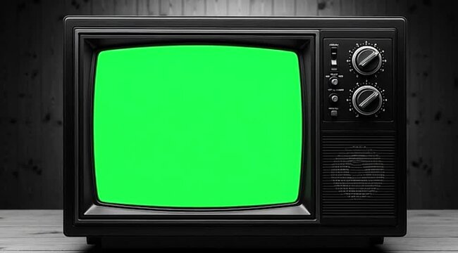 Old black television set with green screen on wooden table.