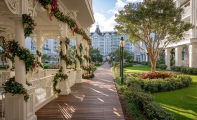 Obraz premium Elegant white gazebo decorated for the holidays, leading to resort and gardens