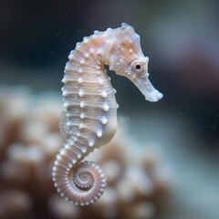 Macro shot of a seahorse featuring intricate ridges and beautiful soft pastel tones