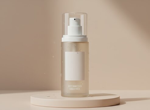 Clear skincare serum bottle with white pump dispenser