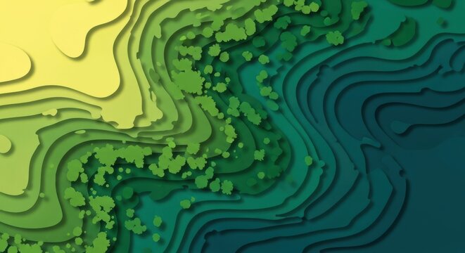 Topographic map of coastal landscape with forest and water