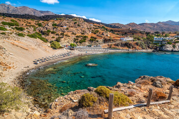 Fototapeta premium Turquoise bay and sandy beach at Agios Pavlos on the Libyan Sea in southern Crete Greece