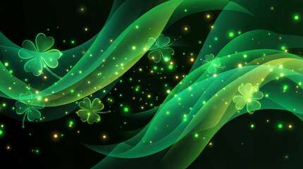 Lucky shamrock grass, four leaf clover neon light luck symbol on dark sky, St Patricks day