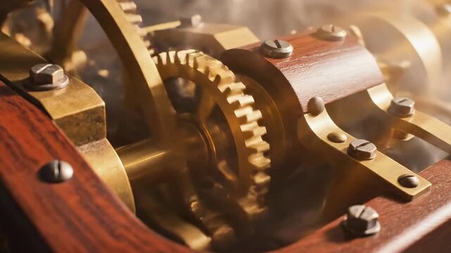 A close-up view of a mechanical device with interlocking gears and wooden components, with steam escaping from the machinery