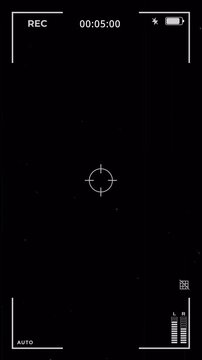 Digital camera recording interface overlay featuring timer, focus frame, glitch distortion, dust, and film grain. 4K vertical format.