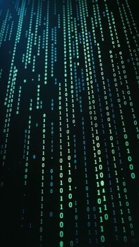 Binary code on black background with green and blue digits