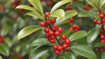Obraz premium Detailed view of holly branch with clusters of red berries and green foliage
