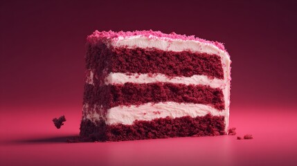Ultra-realistic shot of a slice of red velvet cake with thick cream cheese frosting