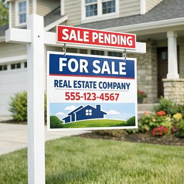 Real Estate For Sale Sign with Sale Pending Rider in Front of Modern Suburban Home