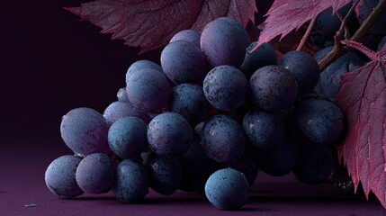 Ultra-realistic shot of a small cluster of plump purple grape dusted with natural bloom