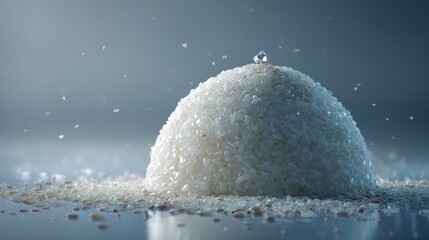 Ultra-realistic shot of a small, perfect dome of glossy white rice