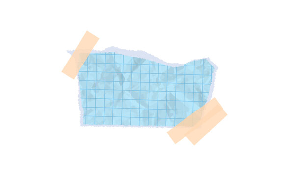 Torn paper note vector in blue color. Features sticky adhesive tape texture, old notebook rip, cut shape for education collage, stationery projects. Piece of cardboard sheet with math square stroke