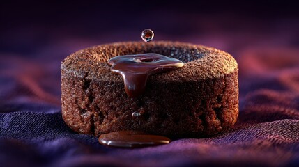 round molten chocolate cake a drop of liquid chocolate floating