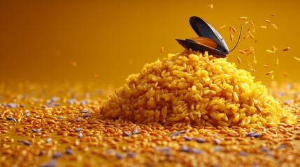 colored Paella rice with a single mussel
