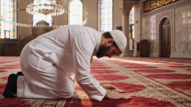 Man in white prayer clothes praying.