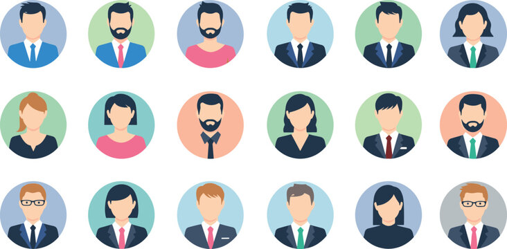 Flat vector illustration set of professional business avatar profile characters including diverse men and women in suits and office attire for corporate team portrait.