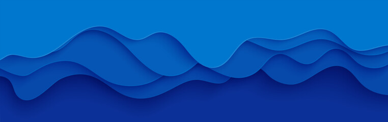 Fototapeta premium Papercut wave background with blue topography pattern. Abstract water shape paper cut river sea design for deep ocean environment vector. Craft cutout cardboard with diagonal wavy layered teture