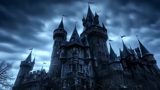 Mysterious Castle Under Dark Skies - A Gothic Architecture Study.