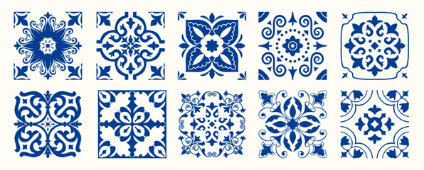 Set of 10 tiles azulejios. Mediterranean tile, blue and white seamless patterns. Spanish, Sicilian, Portuguese, Italian traditional ornaments. Set of floral mosaic designs with ethnic motifs. vector © nataliiaku