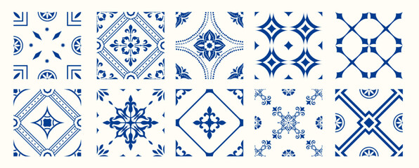 Set of 10 tiles azulejios. Mediterranean tile, blue and white seamless patterns. Spanish, Sicilian, Portuguese, Italian traditional ornaments. Set of floral mosaic designs with ethnic motifs. vector © nataliiaku