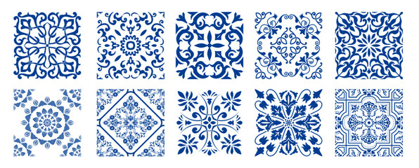Set of 10 tiles azulejios. Mediterranean tile, blue and white seamless patterns. Spanish, Sicilian, Portuguese, Italian traditional ornaments. Set of floral mosaic designs with ethnic motifs. vector © nataliiaku