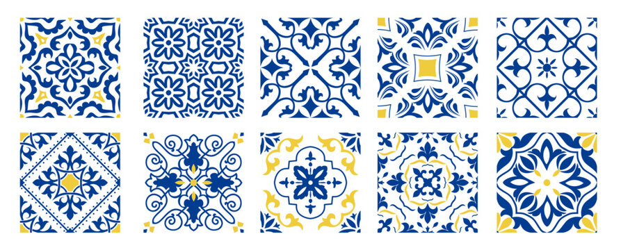 Set of 10 tiles azulejios. Mediterranean tile, blue and white seamless patterns. Spanish, Sicilian, Portuguese, Italian traditional ornaments. Set of floral mosaic designs with ethnic motifs. vector