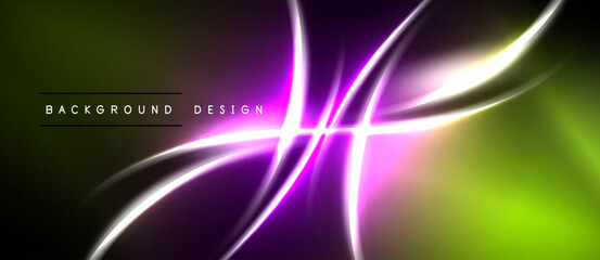 Naklejka premium Abstract neon lines create dynamic, glowing shapes over green, purple gradient. Modern design element for backgrounds.