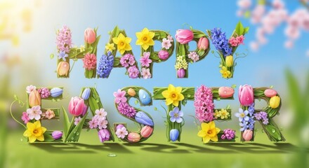 Obraz premium Happy Easter greeting spelled out using vibrant flowers, blooming plants, and colorful eggs outdoors.