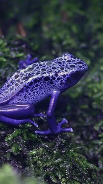 Blue Poison Dart Frog sitting on a mossy rock in a tropical rainforest.