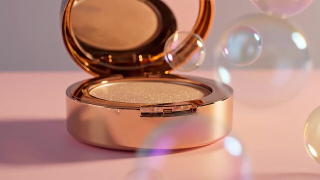Close up of copper compact powder case with bubbles. Beauty product on pink.