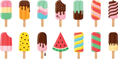 Flat vector illustration set of colorful fruit popsicles including chocolate glazed ice lollies with sprinkles and watermelon shaped frozen snacks for sweet summer dessert. © Aminul