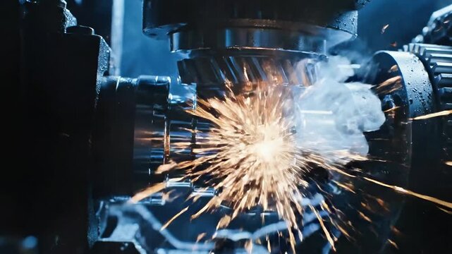 Close-up of interlocking metal gears in an industrial machine with a blue hue