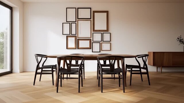 Modern dining room with empty frames.