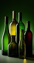 Wine bottles in assorted shapes and colors creating a vibrant still life composition with backlighting