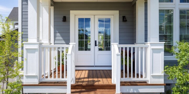 Elegant white porch with double doors and wood decking, surrounded by greenery