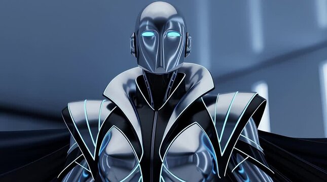 A futuristic robot with a stylish design in a sleek, modern setting. The robot's face is illuminated with bright blue eyes, exuding a sense of advanced technology