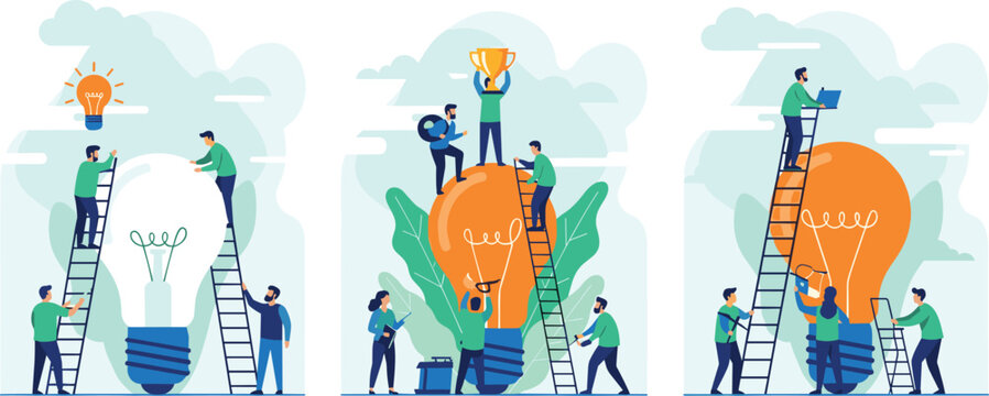 Flat vector illustration set of business teamwork building giant light bulbs with ladders and winning trophy for creative innovation and collective success concept design.