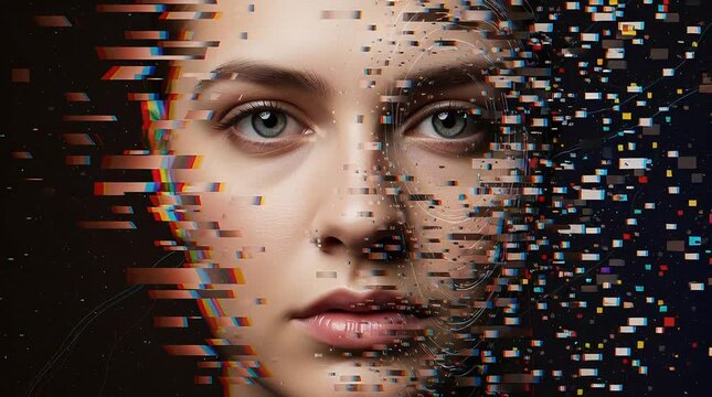 A captivating portrait of a woman with a digital glitch effect, exploring the theme of transformation