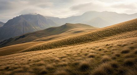 Obraz premium Golden hills and majestic mountains under cloudy sky