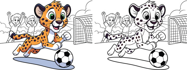 Cute Cartoon Leopard Mascot Playing Soccer with Cheering Kids Sports Vector & Line Art