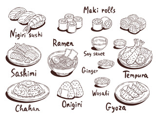 Hand-drawn line art vector set of Japanese dishes: nigiri sushi, maki rolls, sashimi, ramen, tempura, gyoza, onigiri, chahan, wasabi, soy sauce, ginger. Perfect for menus and cards © Irina Khovanskaya