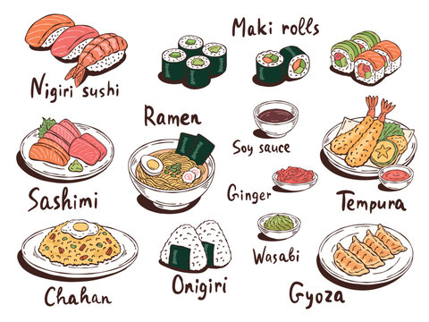 Hand-drawn colorful doodle vector set of Japanese dishes: nigiri sushi, maki rolls, sashimi, ramen, tempura, gyoza, onigiri, chahan, wasabi, soy sauce, ginger. Perfect for menus and cards