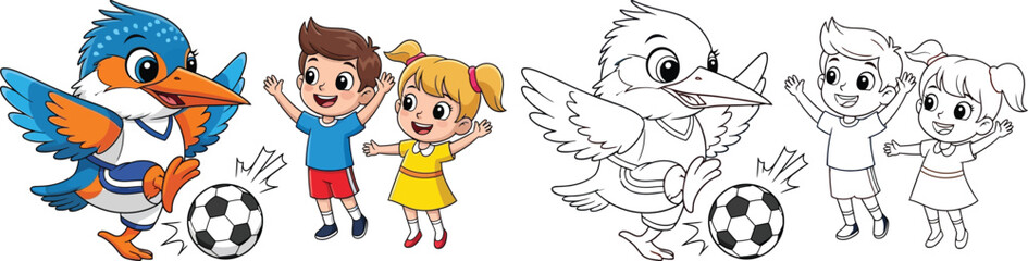Fototapeta premium Cartoon Kingfisher Bird Playing Soccer with Happy Kids Coloring Page Included