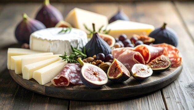 Tabla gourmet de quesos variados con higos frescos, uvas y embutido en presentaci&oacute;n r&uacute;stica